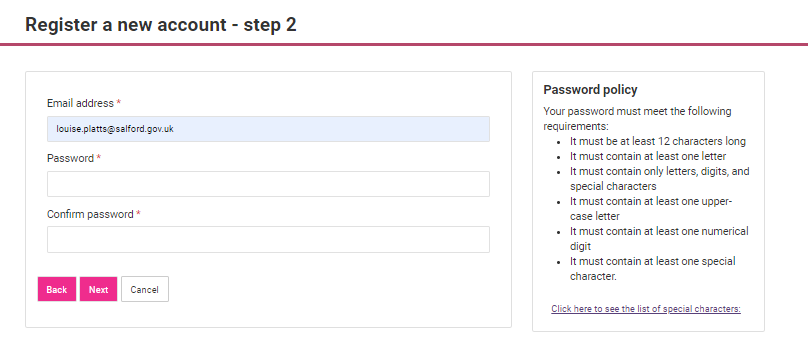 Screenshot of step 2 - registering a new account