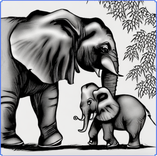 A drawing of a mother and baby elephant